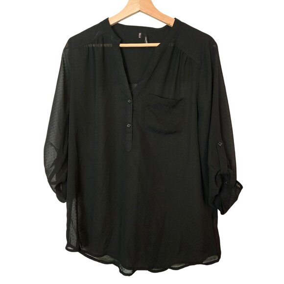 Maurices blouse womens Medium Black Semi-sheer roll-tab sleeves pullover - Picture 1 of 7